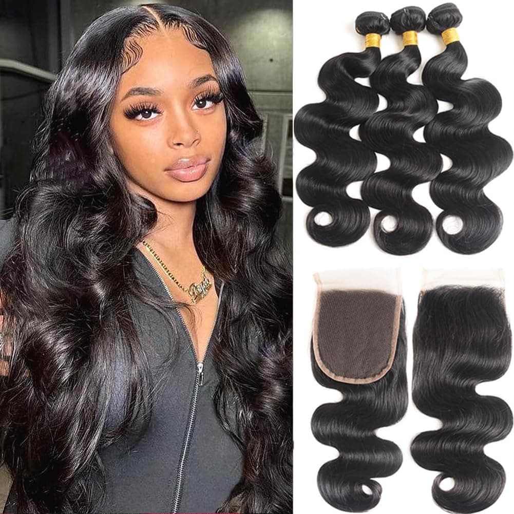 Bundles with Closure Human Hair Body Wave 12 14 1610 Inch 100 Unprocessed Brazilian Virgin Human Hair 3 Bundles with Closure Human Hair Extensions with 4x4 Free Part Lace Closure Natural Black