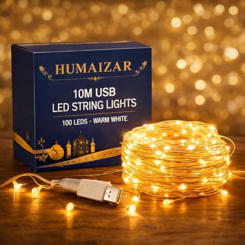 HUMAIZAR 10M USB LED String Lights with 100 LEDs – Warm White Decorative Fairy Lights for Ramadan Eid Decorations, Kids Room, Wall Hanging, Mother’s Day Gift, Festive Lighting (Pack of 1 Set)