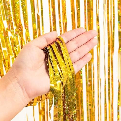 Birthday Popper 2 Pcs Laser Wave Gold Foil Curtains | 6.5ft x 3.25ft Each | Metallic Backdrop Streamers for Birthday Parties, Baby Shower, Cradle Decorations
