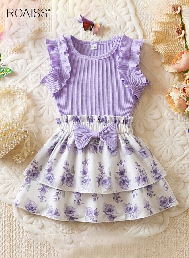 Girls 2PCS Comortable Clothing Set, Stylish Round Neck T-shirt and Ruffled Skirt Set for Girls, Summer Outfit with Sleeveless Top and Floral Skirt, Suitable for Daily Wear or Any Occasion
