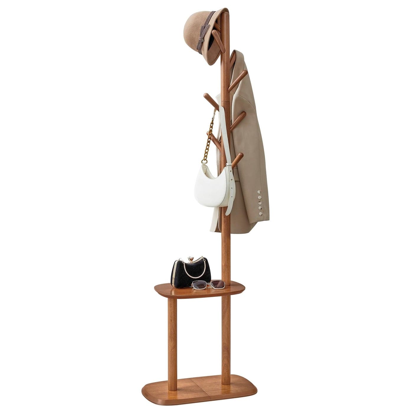 VASAGLE Coat Rack Free Standing Coat Stand Hall Coat Tree with 8 Hooks and Storage Shelf 672 Inch Tall for Coats Hats Bags for Entryway Hallway Bedroom Caramel Brown URCR040K01