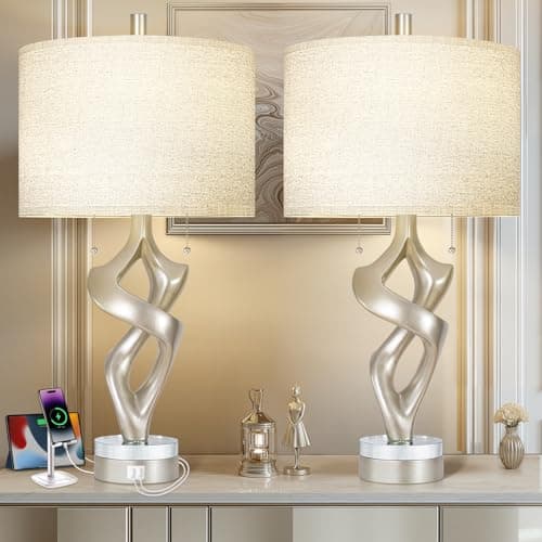 Scenekoy Sculptural Resin Table Lamp Set of 2 with USB Ports for Bedroom Living Room, 26” Antique Silver Leaf Dual Pull Chains Bedside Lamps, Nightstand Lamp for Home Room Decor (Bulbs Included)