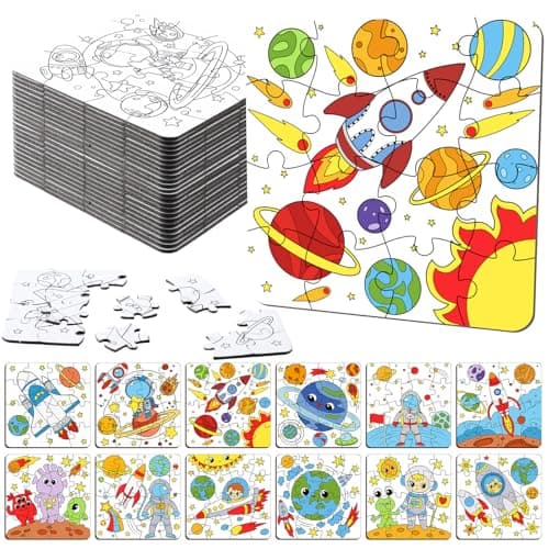 Realspring 24 Pack Outer Space Color Your Own Jigsaw Puzzles for Kids 35 46 68 Coloring Crafts DIY Paper Puzzles Party Favors Gifts for Toddler Children Learning Education Toys