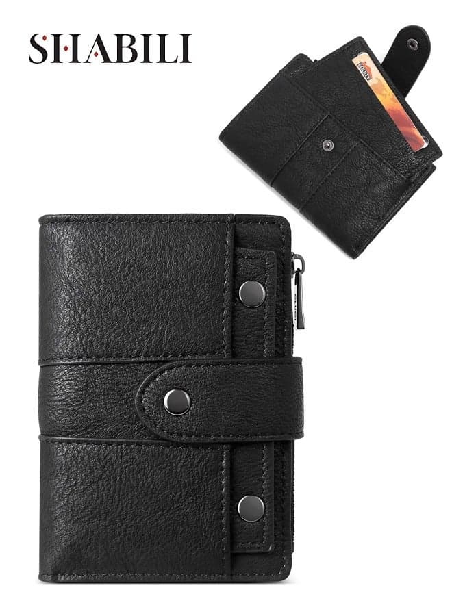 Women's Wallet PU Mini Slim Bifold Card Holder Purse, Ladies Coin Purse RFID Contrast Stitch Clutch with Snap Zipper Pocket, Youth Compact for Daily Casual Travel Party Work (Black)