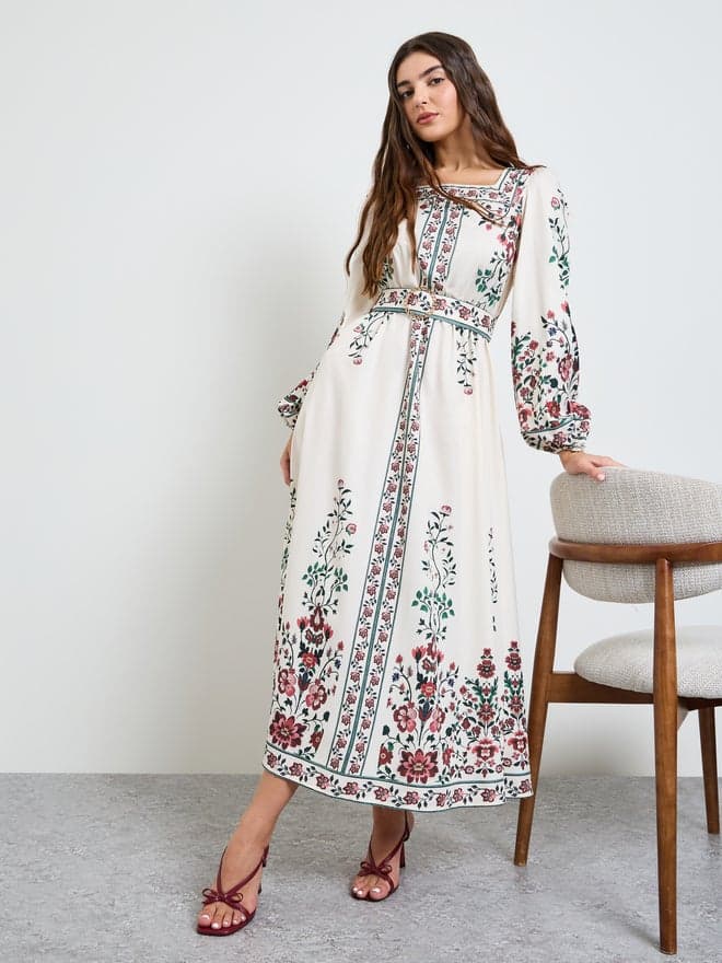 Styli Off White Floral Square Neck A-Line Maxi Dress