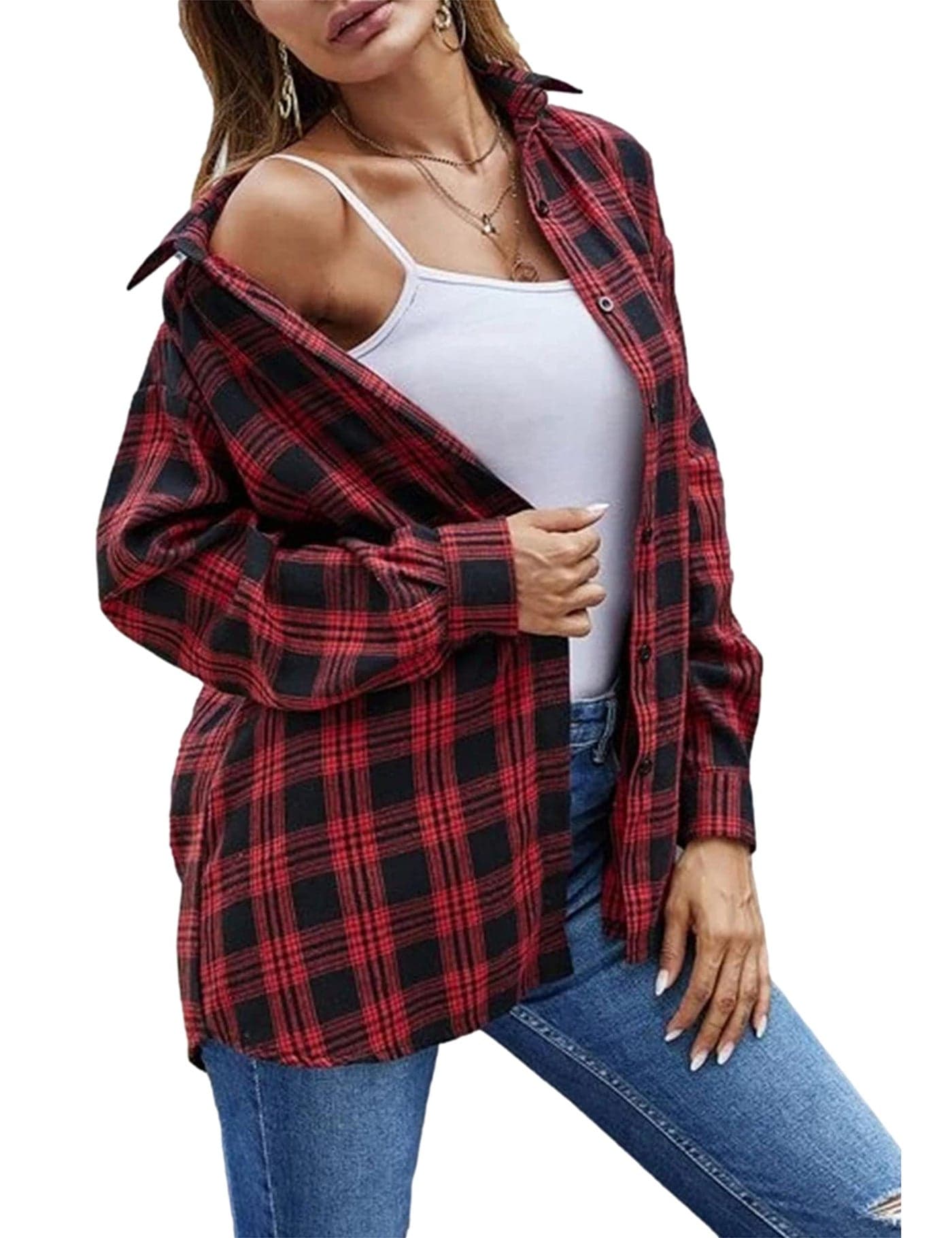 Zontroldy Red and Black Buffalo Plaid Flannel Shirt Women Oversized Long Sleeve Button Down Plaid Shirt Blouse Tops (0228-Red-L)