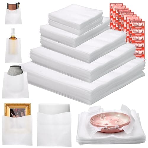 160 Pcs Packing Moving Foam Pouches Sheets 5 Sizes Cushion Foam Wrap Pouches with Fragile Stickers for Protect Dishes Cup Glasses Storage Supplies 78X78 78X12 12X12 14X14 16X16
