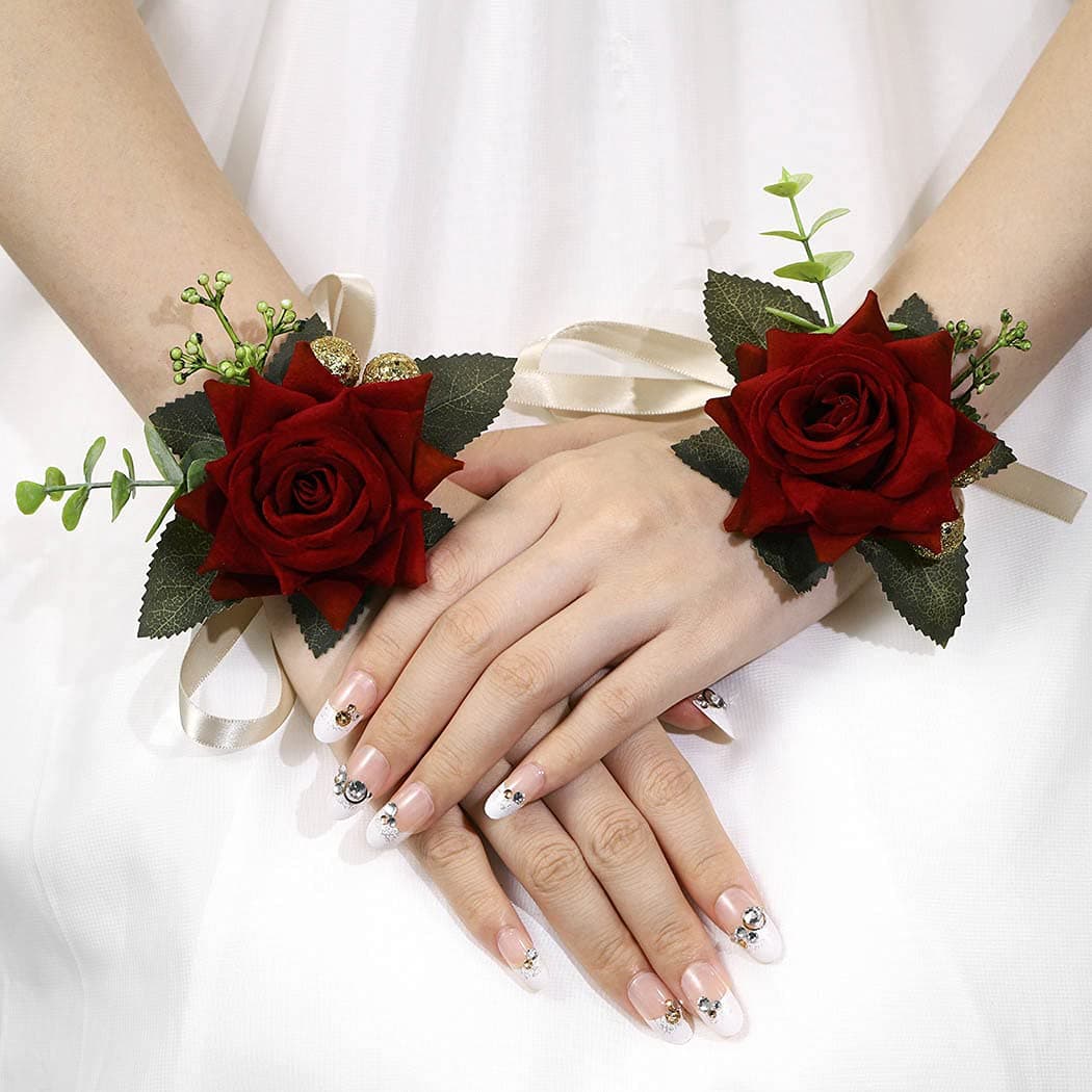 Campsis 2PCS Wedding Wrist Flower Wine Red Floral Wrist Corsage Bridal Rose Leaf Hand Flowers for Bride and Bridesmaid Festival Prom Engagement