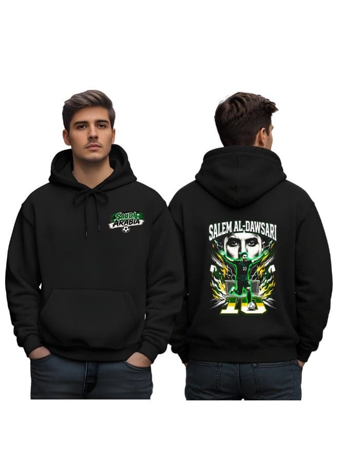 Saudi Arabia Football Player Men's Hoodie | Soccer Theme Pullover | Long Sleeve Cotton Fabric | Kangaroo Pocket | Casual Everyday Wear — L