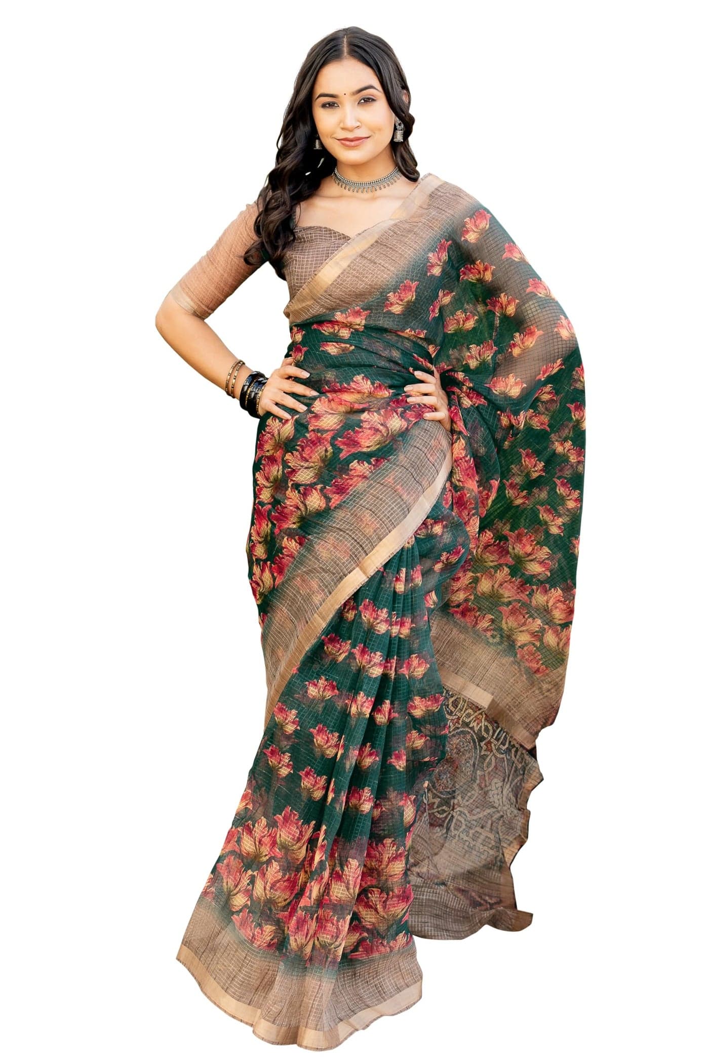 MIRCHI FASHION Women Kota Doria Cotton Floral Printed Saree with Blouse Piece (42215 - Dark Green, Coral, Yellow)