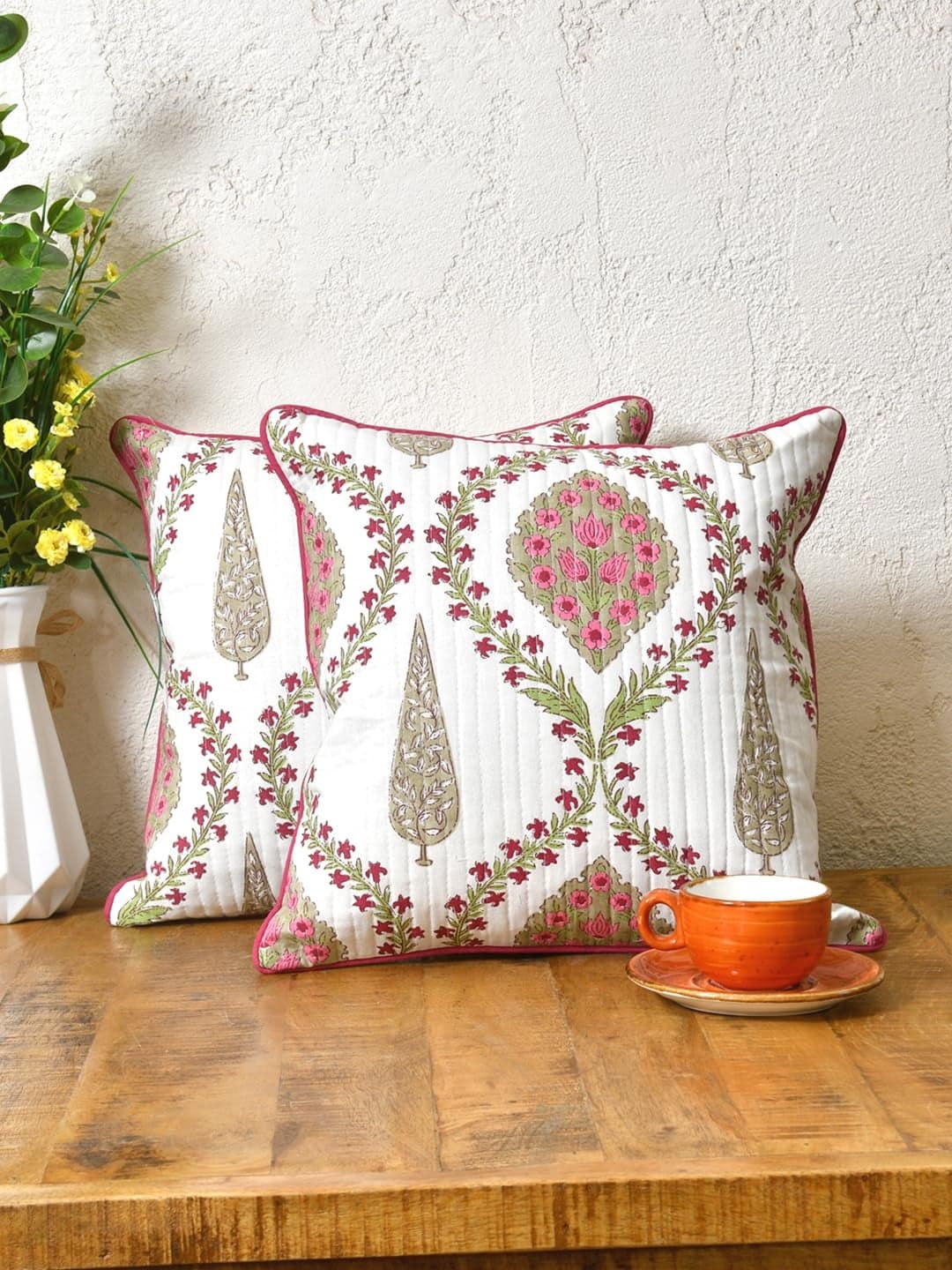 Clasiko Cotton 300 TC Cushion Covers Set of 2; 24X24 Inches; Pink Beige Block Print