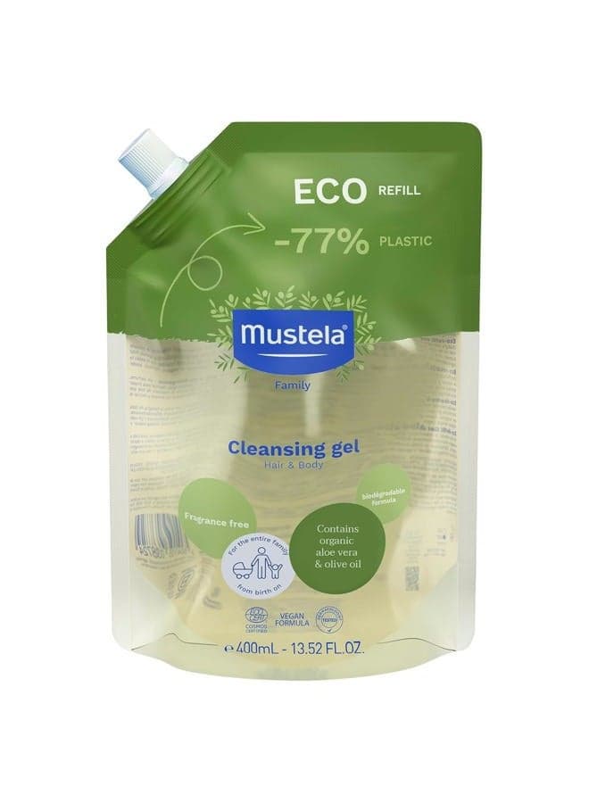 Certified Organic Eco-Refill Cleansing Gel - Natural Hair & Body Wash with Olive Oil & Aloe Vera - For Baby, Kid & Adult - Fragrance Free, Tear Free, Vegan & Biodegradable - 13.52 fl. oz.