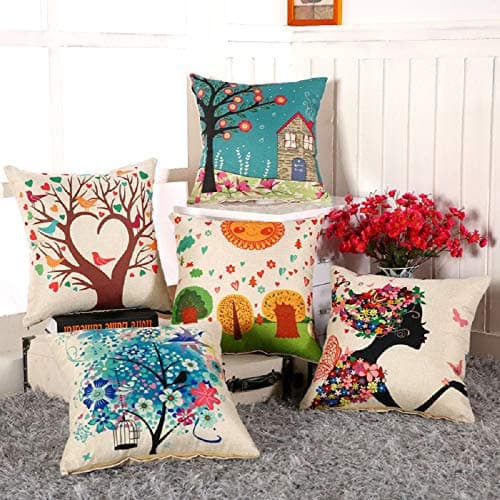 AEROHAVEN Set Of 5 Multi Colored Decorative Hand Made Jute 150 TC Cushion Covers - (18 X 18 Inch) (45Cm X 45Cm)