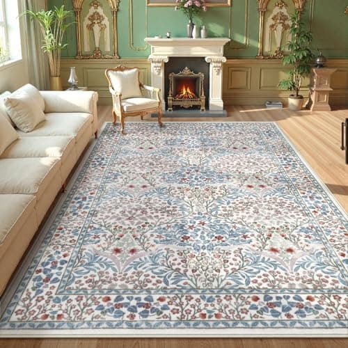 Lahome Floral Washable Rugs 8x10, Soft 8x10 Area Rugs for Living Room Bedroom, Boho Non-Slip Forest Stain Resistance Large Throw Carpet for Farmhouse Dining Room Office Giverny, Beige/Blue