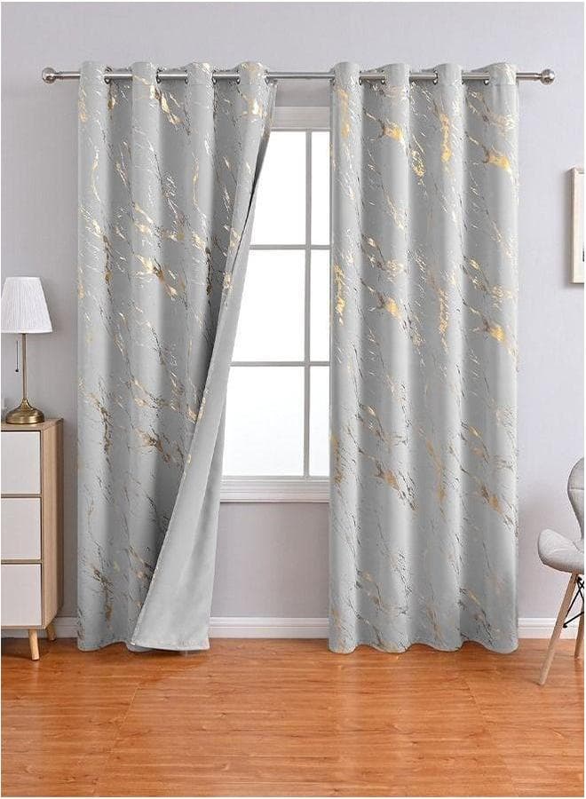 2-Piece Marble Print Grommet Top Living Room Decor Thermal Insulated Light Blocking Window Curtains Grey/Gold