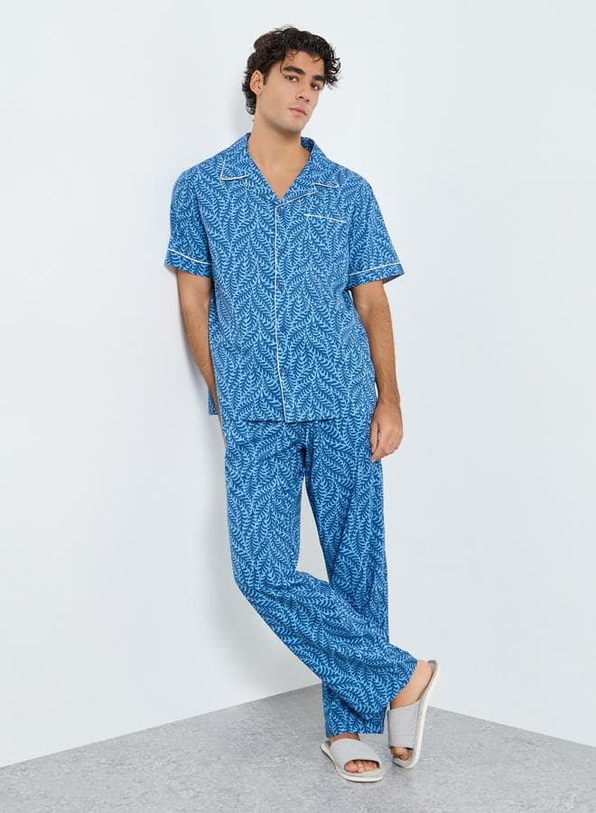 Men Leaf Print Relaxed Fit Shirt and Pyjama Set