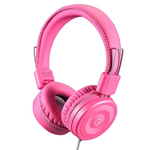 noot products Kids Headphones K22 Foldable Stereo Tangle-Free 5ft Long Cord 3.5mm Jack Plugin Wired On-Ear Headset for iPad/Amazon Kindle Fire/Girls/School/Laptop/Travel/Plane/Tablet FlamingoPink