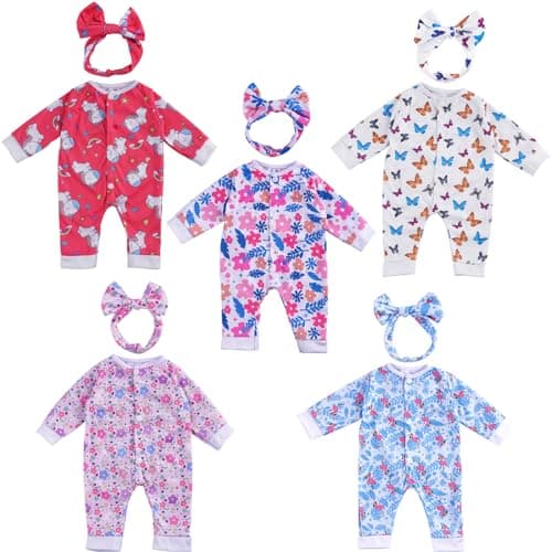 BABESIDE Reborn Baby Doll Clothes for 17-22 Inch Dolls, 5 Sets Baby Doll Clothes Outfits Accessories - Romper Suit and Headband for Newborn Baby Doll Boy&Girl Kids Gift