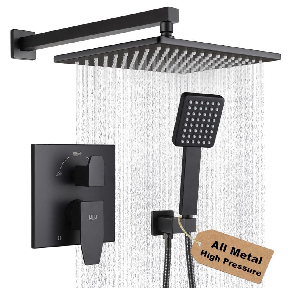 POP SANITARYWARE Matte Black Shower Faucet Set Rainfall 10 Inch Shower Head and Handle Set Bathroom Rain Shower System Wall Mounted Shower Fixture Include Shower Valve and Trim Kit