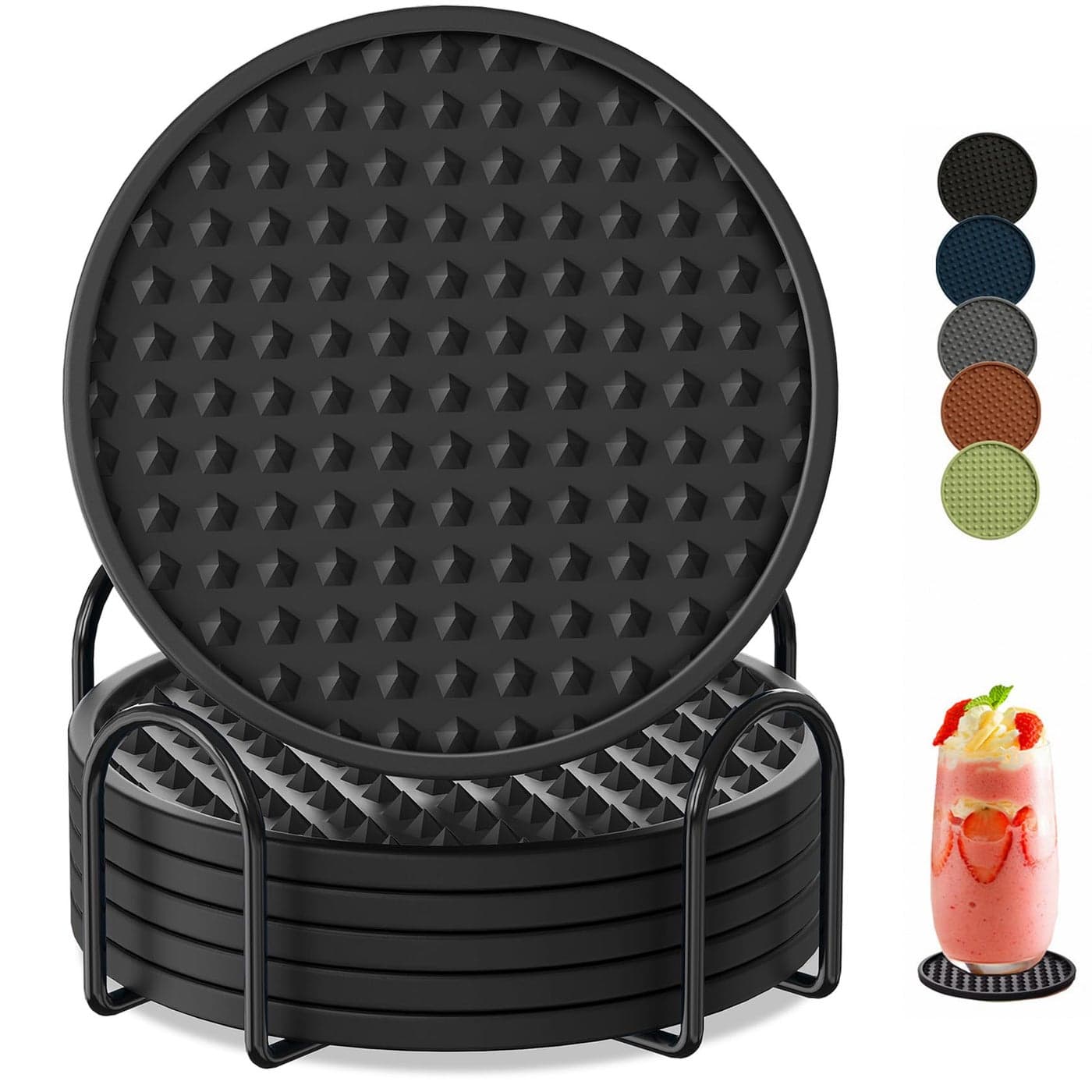 KEHOUXRE Coasters for Drinks 6 Pack Drink Coaster with HolderHeat Resistant Silicone Cup Mat Tabletop ProtectionNonSlip Rubber Coasters for Kinds of Cups Black