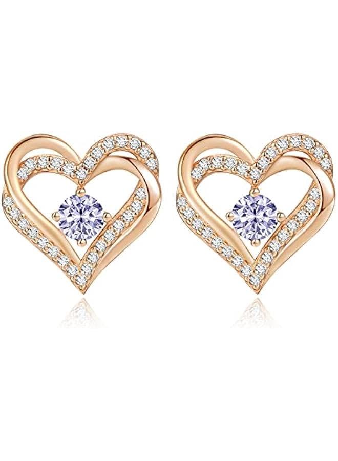 Forever Love Heart Stud Earrings for Women, 925 Sterling Silver Birthstone Heart Stud Earrings Mother's Day Gift Anniversary Birthday Jewelry Gifts for Women Wife Her