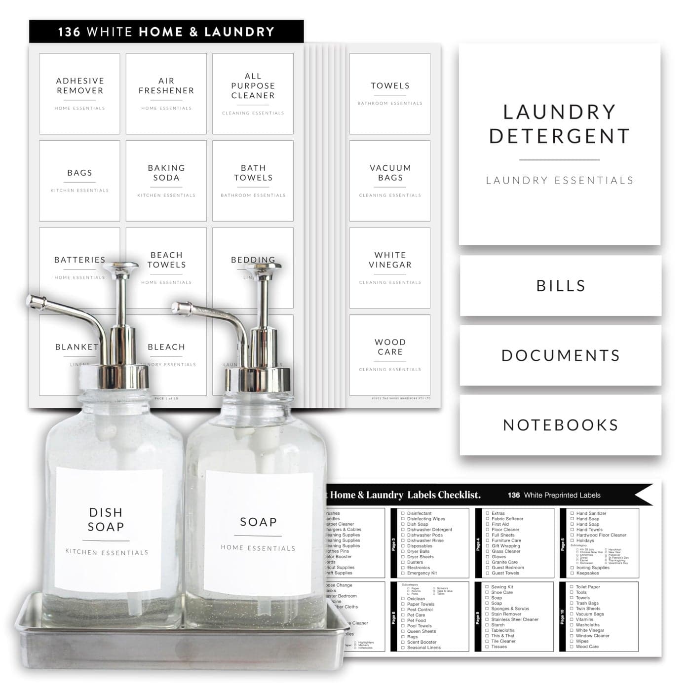 Laundry Labels for Jars 136 Preprinted Home and Laundry Label Stickers for Storage Bins Cleaning Jars Spray Bottles Linen Closet Household Organization
