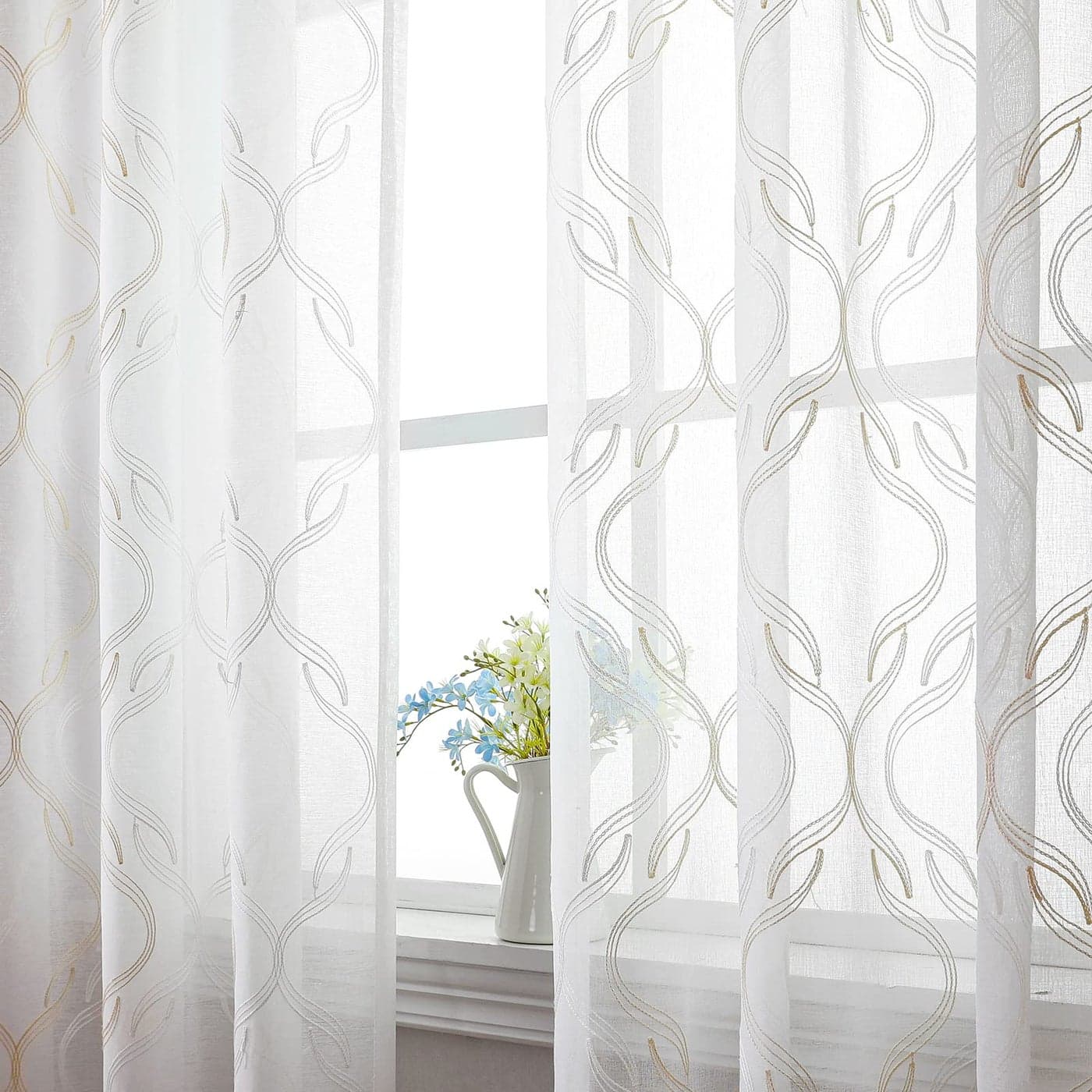 VISIONTEX Sheer Curtains 84 Inches Long 2 Panels Set Beige and Ivory Two Tone Textured Moroccan Embroidery Geometric Rod Pocket Ivory Voile Tulle Semi Window Treatment Pair for Bedroom W54 x L84