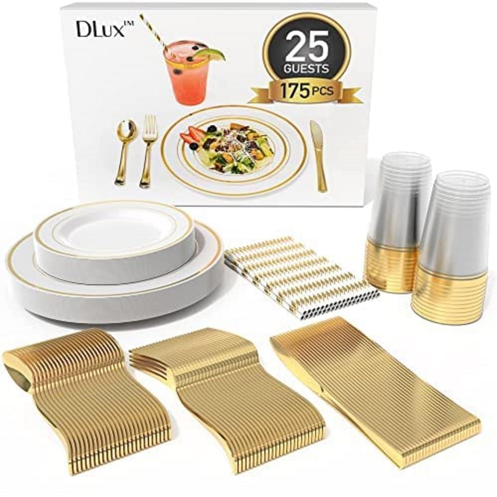 DLux 175 Pieces Gold Plastic Dinnerware Set for 25 Guests 25 Forks Knives Spoons Cups Straws Salad Dinner Plates for Wedding and Party reusable