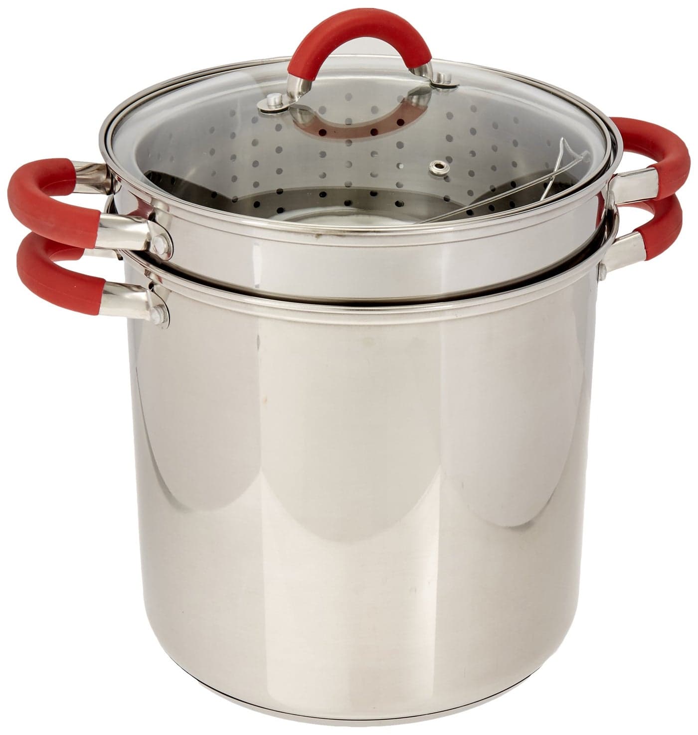 EXCELSTEEL 12 Qt Multifunction Stainless Steel Pasta Cooker with Encapsulated Base Vented Glass Lid and Riveted Silicone Covered Handles 10D x 1375W x 14H
