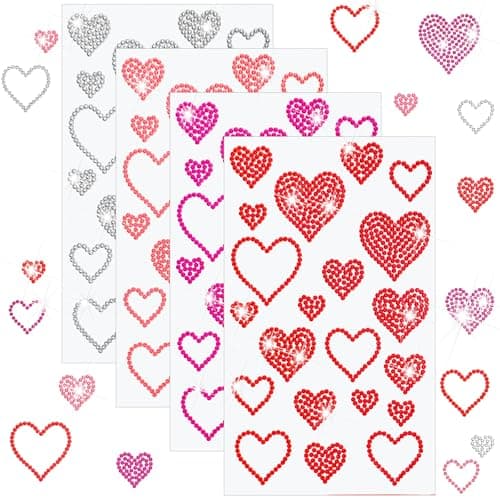 Epakh 84 Pcs Heart Rhinestone Stickers Glitter Bling Heart Crystal Self Adhesive Sticker for Holiday Decal Decor Handicrafts Window Car Accessories Gift Boxes, 4 Sheets