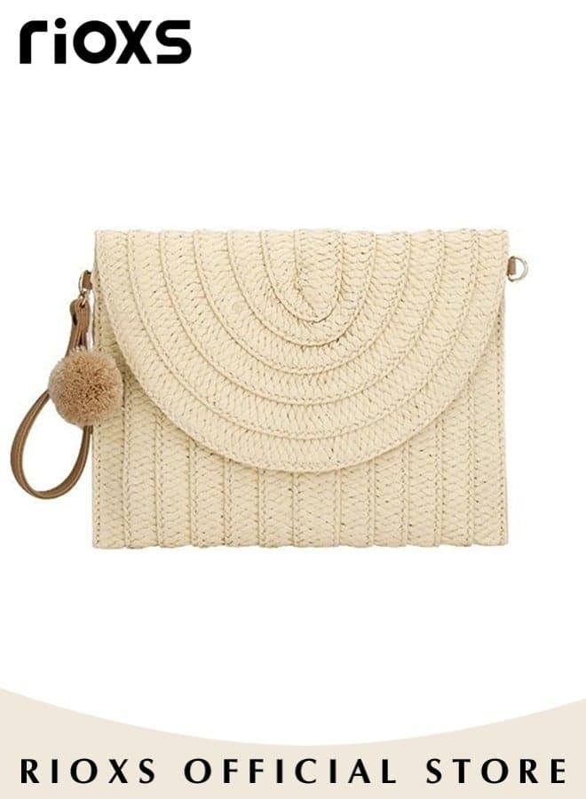 Womens Straw Clutch Handbag, Summer Beach Straw Crossbody Bag for Ladies, Hand-woven Envelope Purse Wallet with Adjustable Strap, Fashion Casual Daily Sling Bag Shoulder Bag with Two Fluffy Balls for Vacation, White