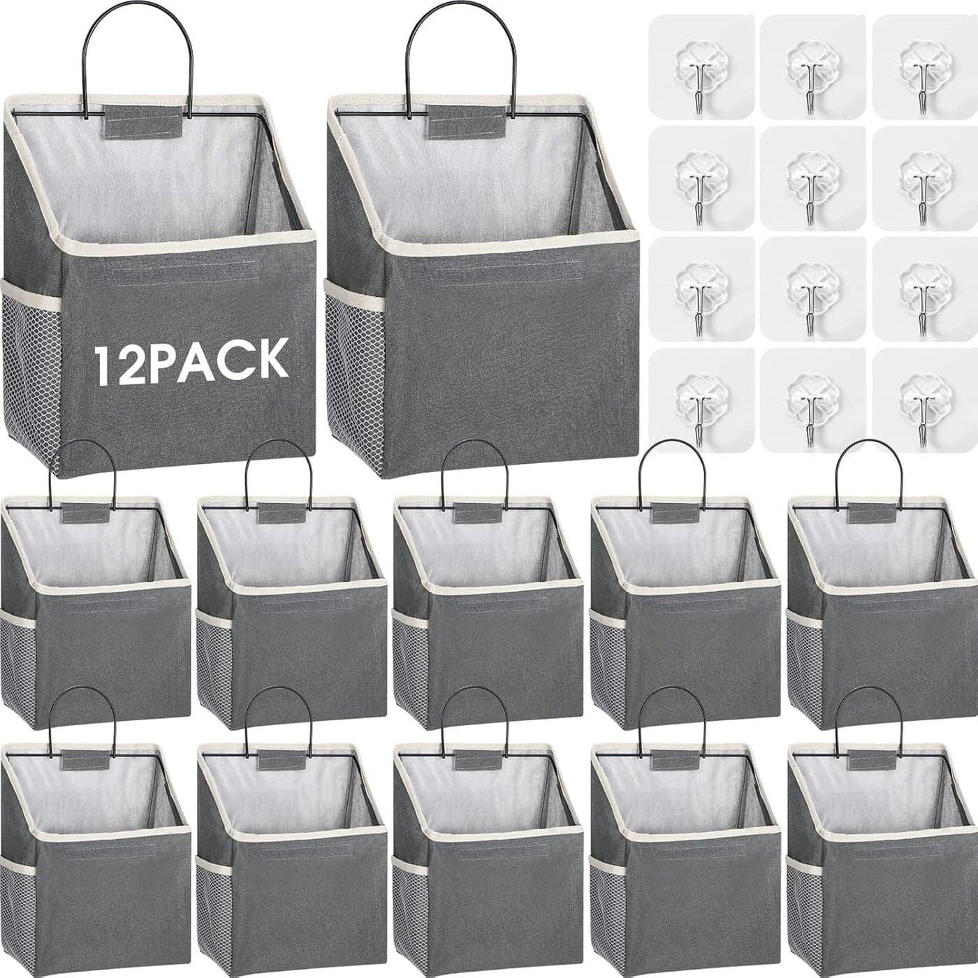 Woanger 12 Pcs Wall Hanging Storage Bag Wall Hanging Organizer Bag with Hooks Closet Basket with Pocket Linen Cotton Organizer for Bedroom Bathroom Dormitory 15 x 43 x 87Gray
