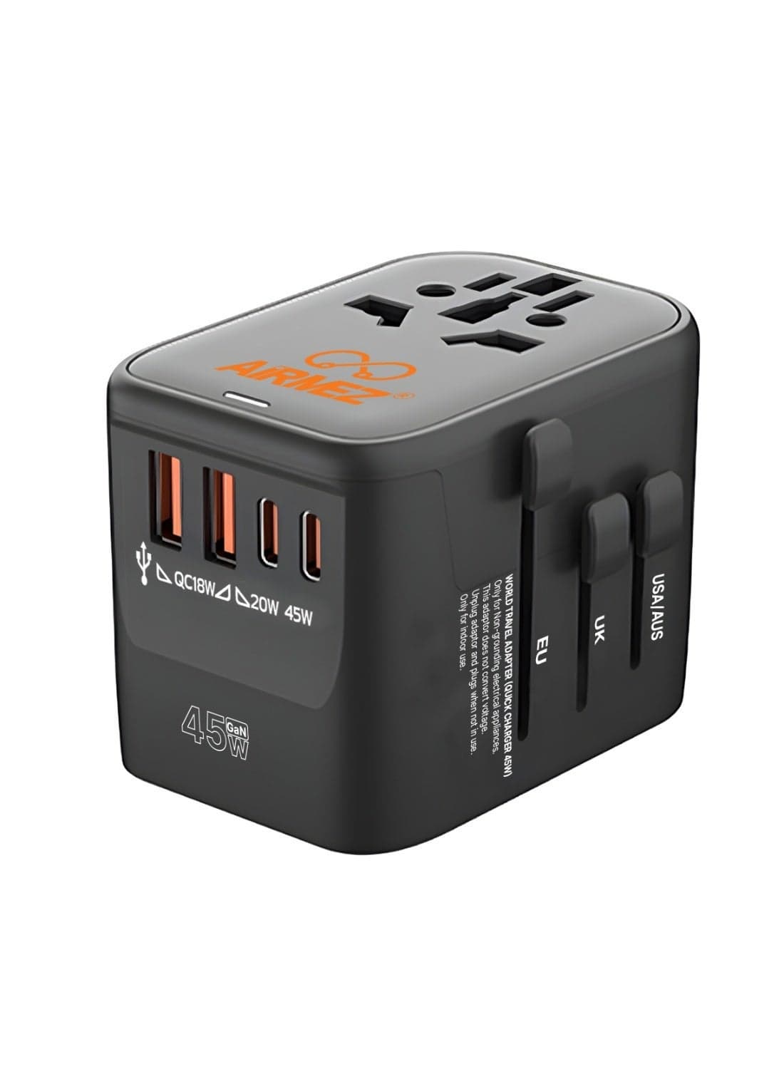 Universal Travel Adapter 45W Fast Charger | 2 USB-C + 2 USB-A Ports | PD & QC Charging | US/EU/UK/AU Plug Compatible | Compact Multi-Voltage International Adapter