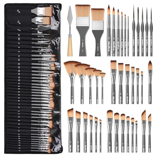 Nicpro 40 PCS Paint Brush Set Professional Acrylic Paint Brushes with Palette Knife and Canvas Roll Suitable for Acrylic Painting Oil Watercolor Gouache Art Supplies Painter Gifts for Artist