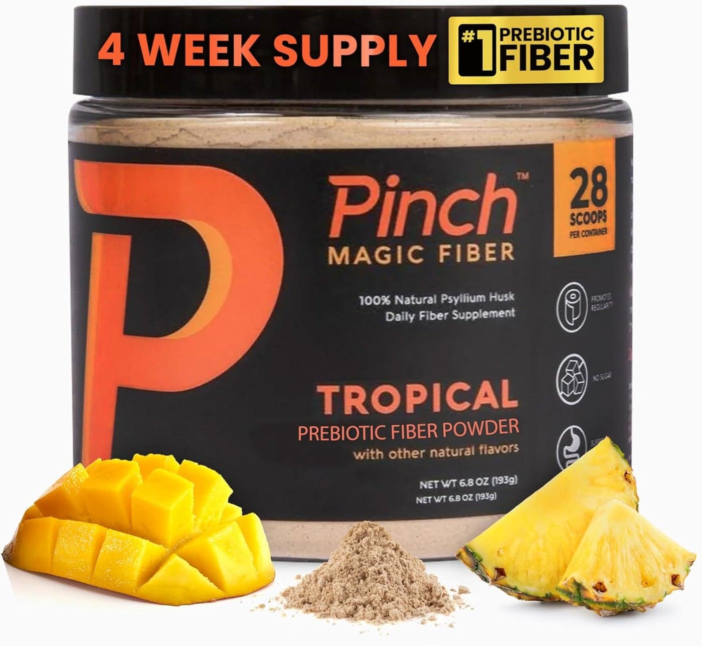 Pinch Magic Fiber Supplement Powder Tropical Flavored Psyllium Husk Powder for Digestive Health Gut Support Sugar Free Supplement for Keto Vegan Diets USAMade 28Day Supply