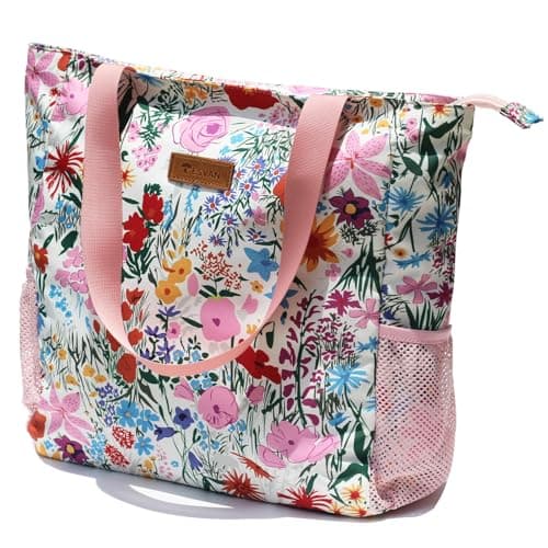 ESVAN Original Floral Water Resistant Large Tote Bag Shoulder Bag for Gym Beach Travel Daily Bags Upgraded (A Pink)