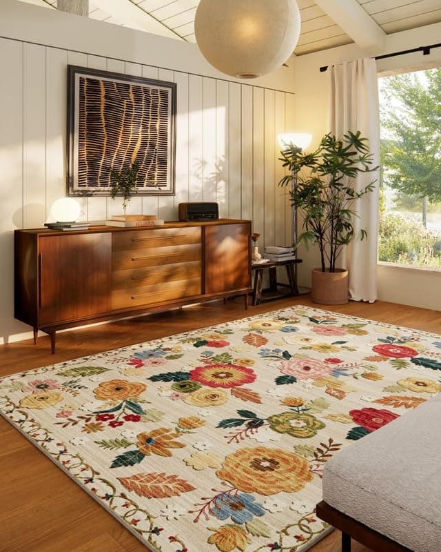 Washable Area Rugs for Living Room 6x9 Area Rug for Bedroom Vintage Floral Large Rug Stain Resistant Non Slip Low Pile Faux Wool Soft Rugs for Entryway Dining Room Bedside Kitchen Nursery