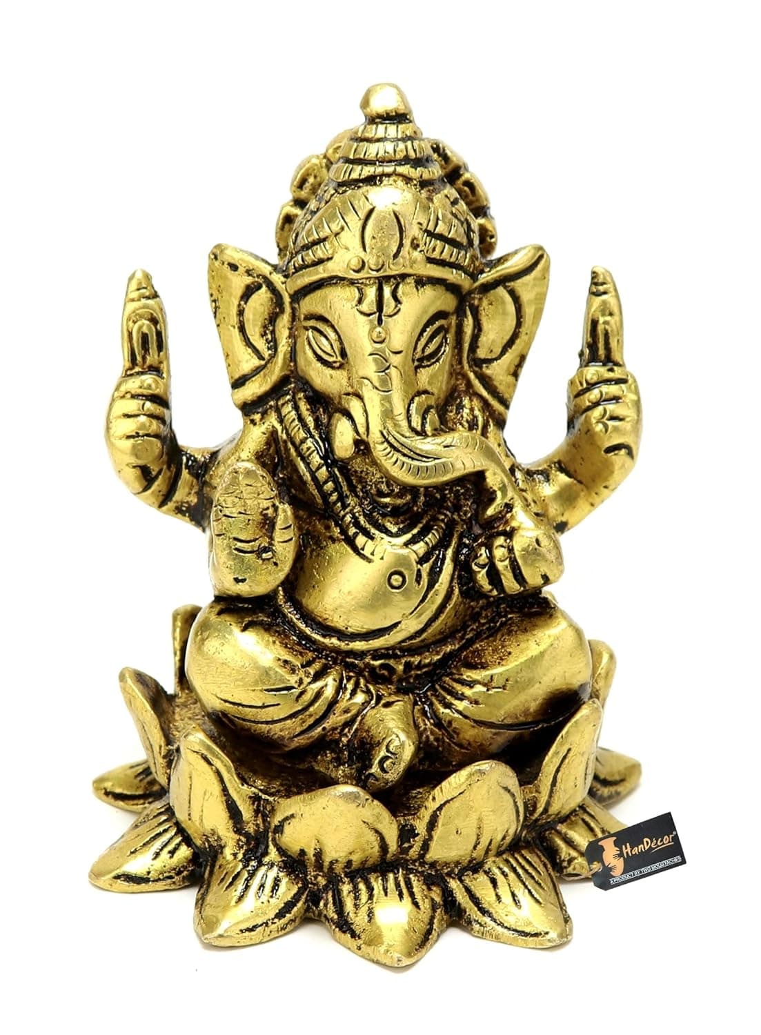 Two Moustaches Brass Ganesha on Lotus Showpiece Ganesha Murti Ganesha Idol for Home Ganesha Statue for Home Temple Standard Pack of 1