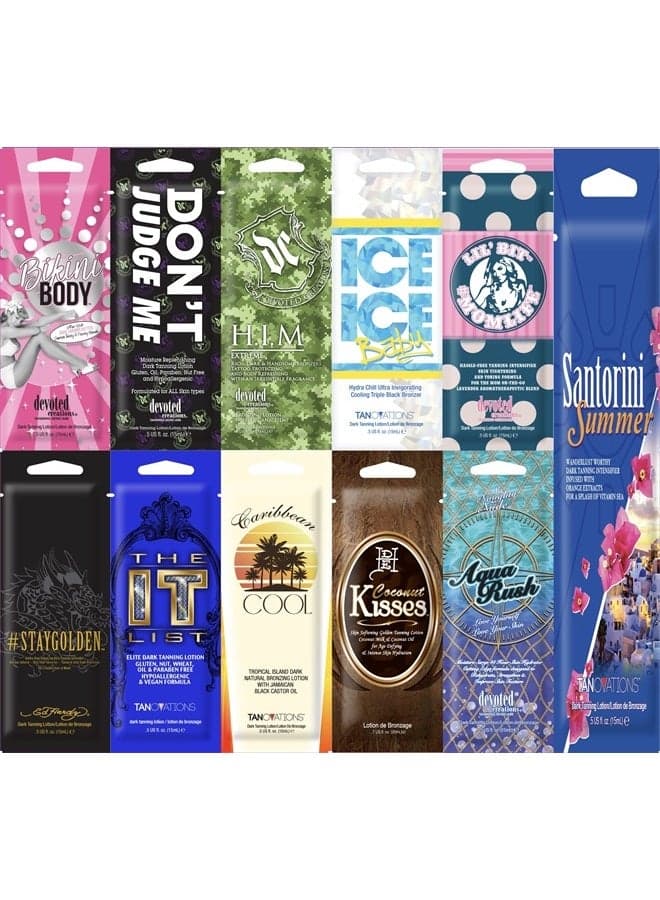 10 New Tanning Lotion Sample Packets, Gluten Free - Major Brands Bronzer & Intensifier - 10 Assorted Packets (11 Packets), All