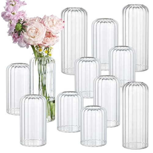 12PCS Bud Vases Set, Glass Vases for Flowers, Modern Cylinder Ribbed Vases for Wedding Centerpiece, Tall Clear Flower Vases in Bulk for Table Shelf, Party(Ribbed)