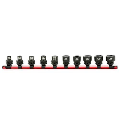 ARES 29019 – 10-Piece 3/8-Inch Drive SAE Low Profile Nano Impact Socket Set – Impact Grade Sockets Offer Greater Clearance Than Typical Shallow Sockets – Includes Aluminum Storage Rail