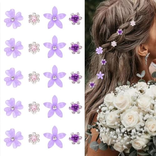 Cybersnc Mini Rhinestone Flower Hair Clips, Small 20Pcs Purple Glitter Tiny Decorative Hair Pins Barrettes Floral Wedding Bridal Hair Accessories for Women Girls (4 Styles)