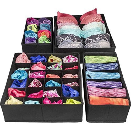 Styleys Foldable Storage Box/Drawer Organizer Divider For Innerwear, Clothing, Underwear, Bra, Socks, Panty, Tie, Etc. (Set Of 4) (Black_S1014, Non-Woven), Drawer Organizers