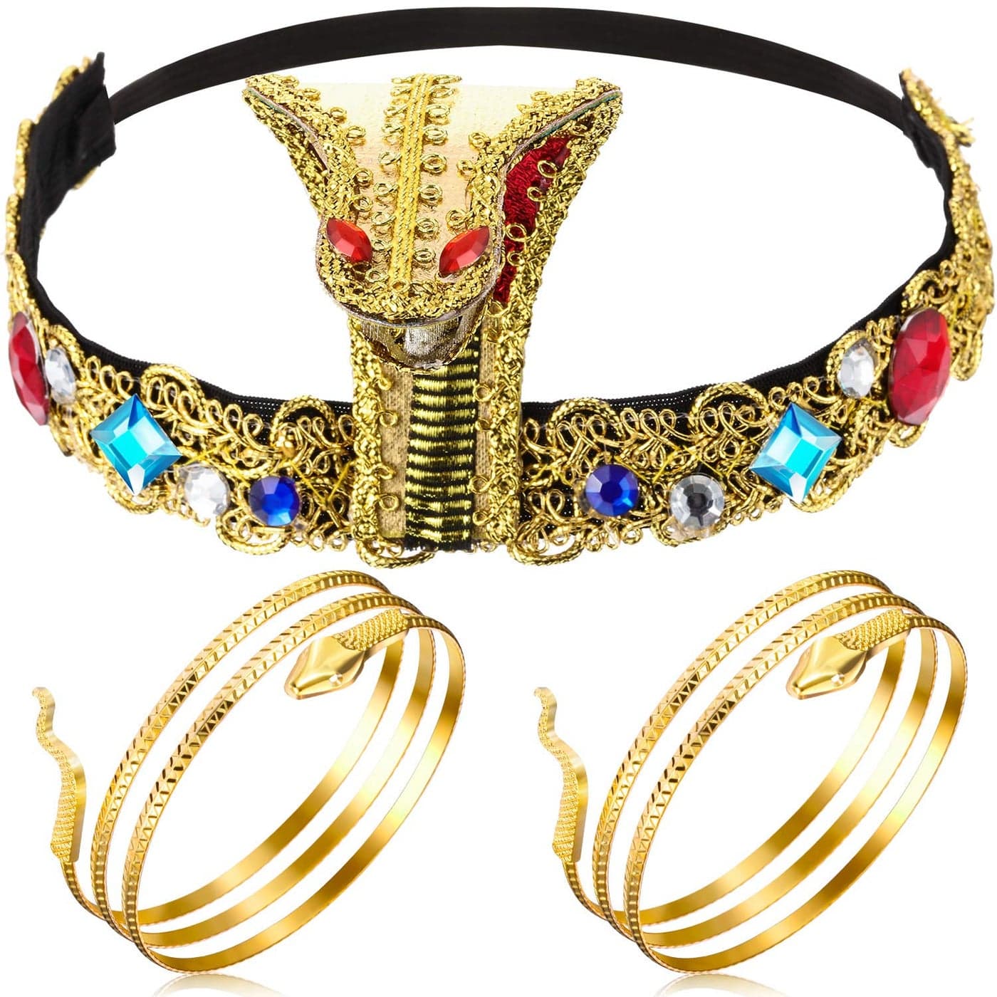 Hicarer 3 Pcs Hallowee Egyptian Costume Accessories Gold Egyptian Queen Headpiece with Metal Snake Arm Cuffs Swirl Snake Bracelets Snake Upper Bracelets for Women Halloween Cosplay Jewelry