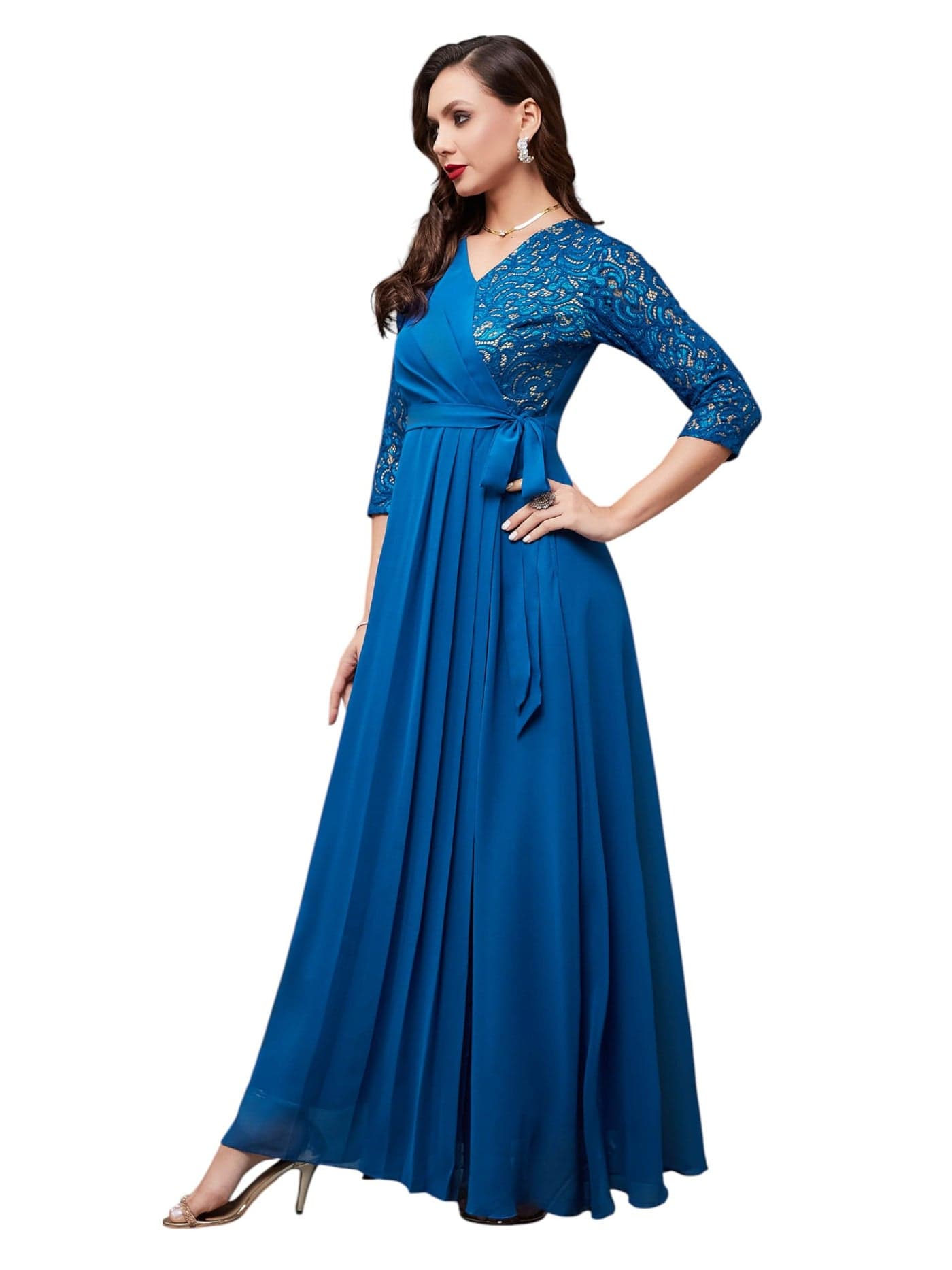 Life with Pockets Women's V-Neck 3/4 Sleeve Wrap-Styled Maxi Dress (LPSS22D06-48-229-04, Royal Blue, M)