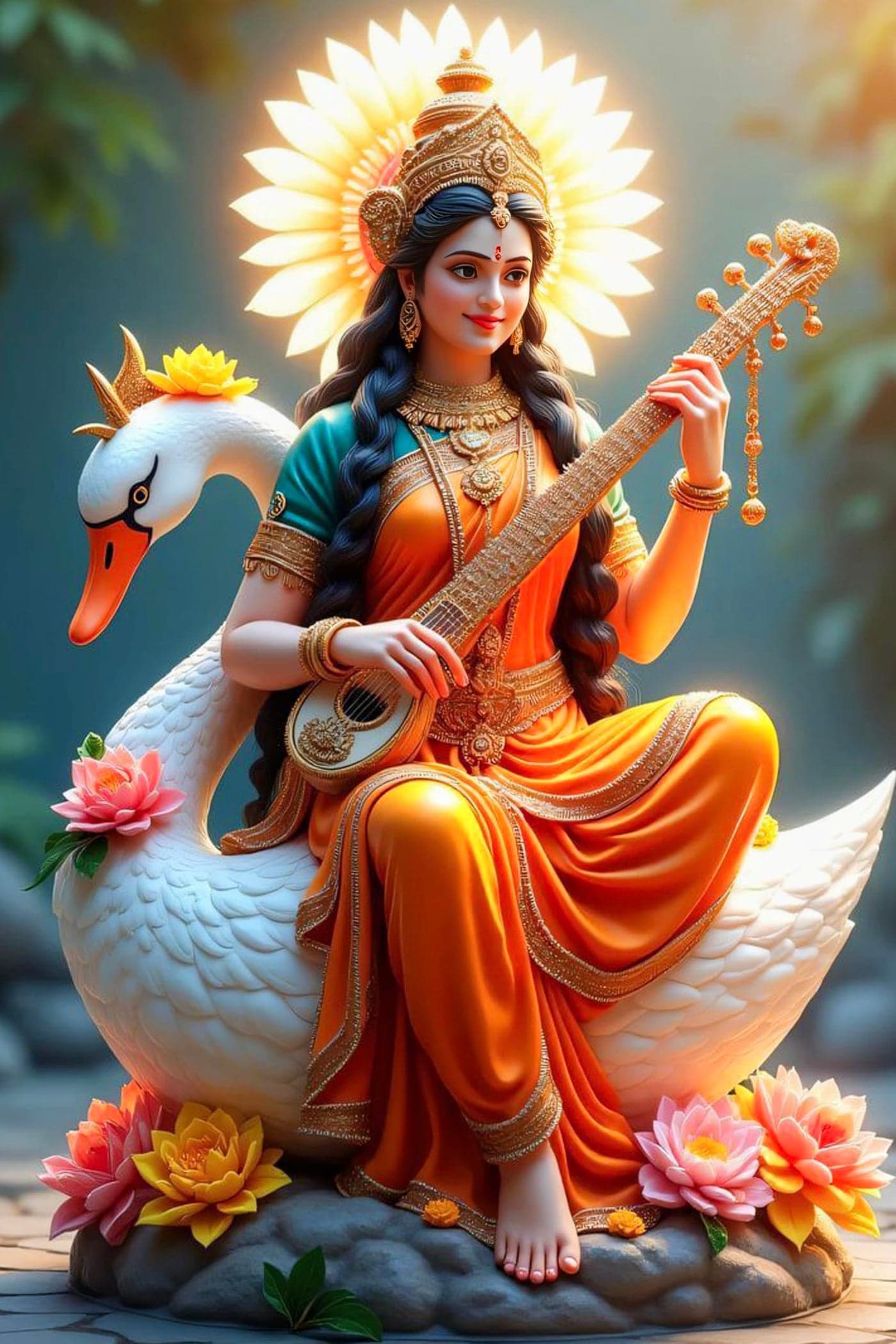 Cliths 8x12 Inch Saraswati Idol Wall Art with Duck – Hindu Spiritual Home Decor, Wall Hanging for Living Room & Office, Easy to Hang, Lightweight Metal Sheet, Divine Gifts
