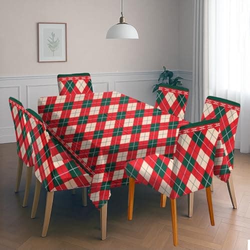 The Furnishing Tree Premium 6-Seater Dining Table Cover with Matching Chair Covers - Festive Red Green Plaid Pattern - Table Cover Dimension WxL- in Cms: (150x220), in Inches: (59x87)