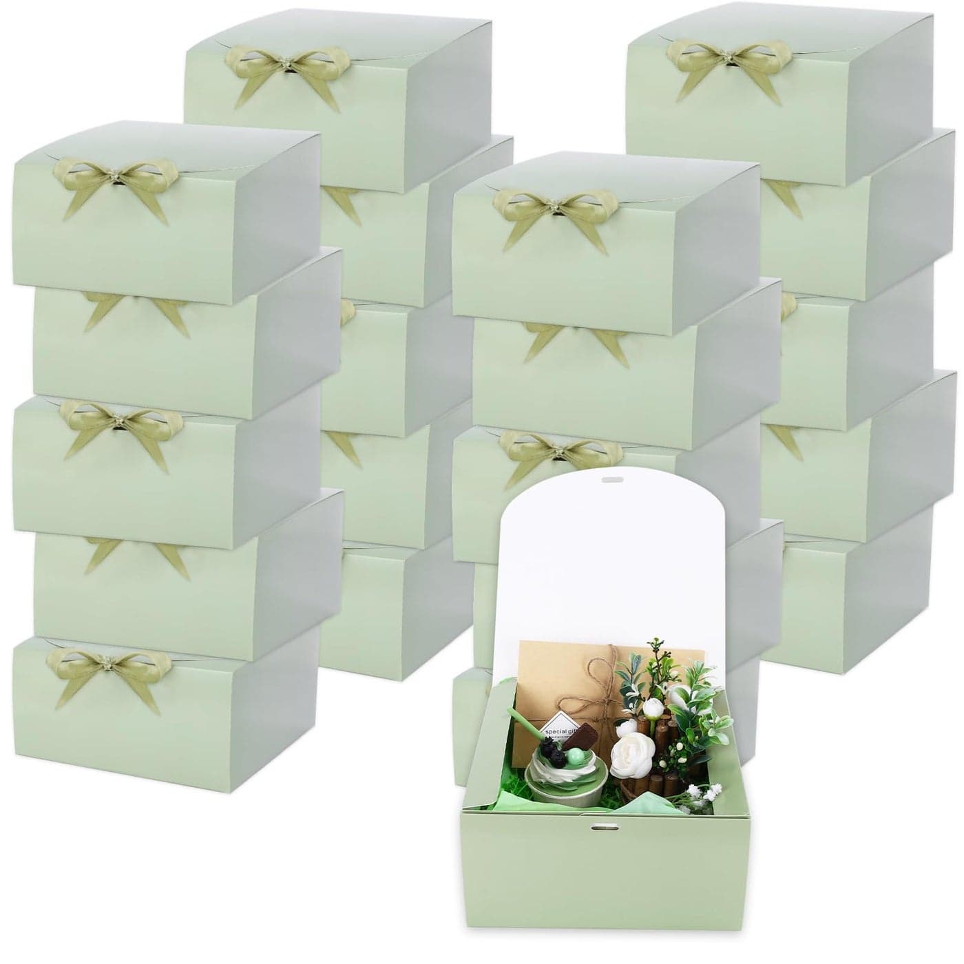 JarThenaAMCS 20Pcs Sage Green Gift Boxes with Lids Ribbons 8 x 8 x 4 Inch Bridesmaid Proposal Box with 100pcs Glue Points for Wedding Birthday Craft Snack Holiday Party Favors