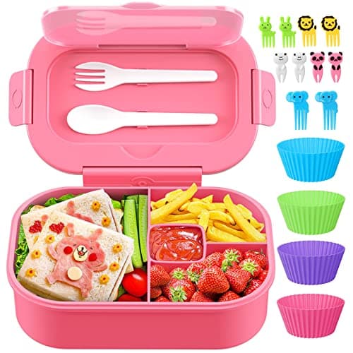 TIME4DEALS Bento Box 44oz 4 Compartment Lunch Container with Cutlery for KidAdultToddler Leak Proof MicrowaveDishwasherRefrigerator Safe BPA Free Pink