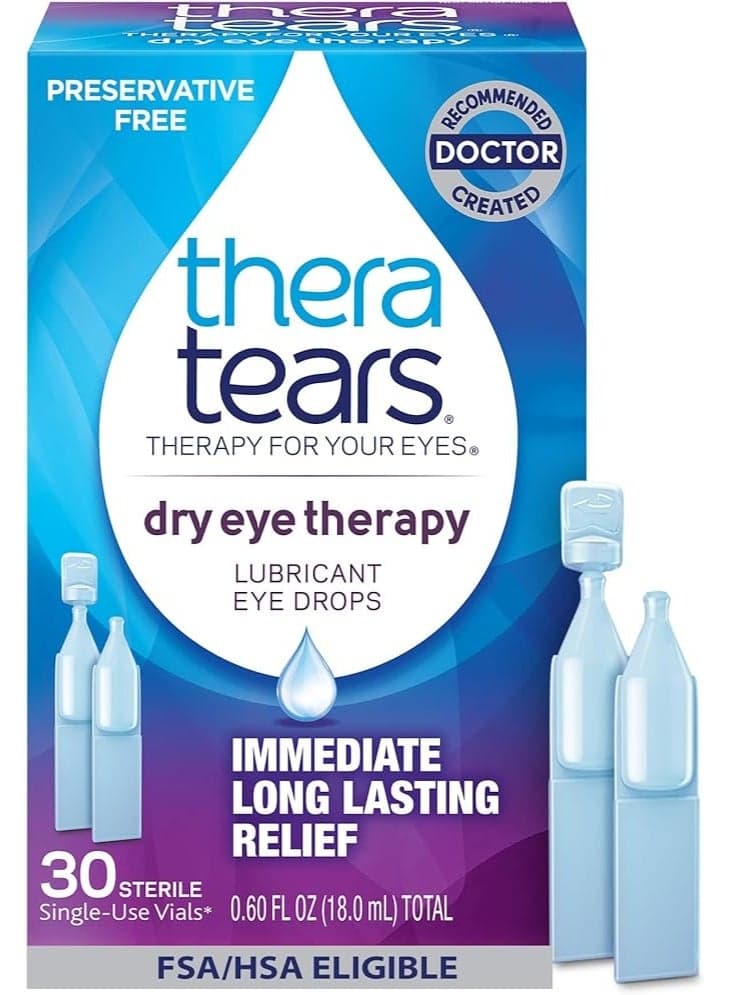Thera Tears Eye Drops for Dry Eyes, Dry Eye Therapy Lubricant Eyedrops, Preservative Free, 30 Count Single-Use Vials